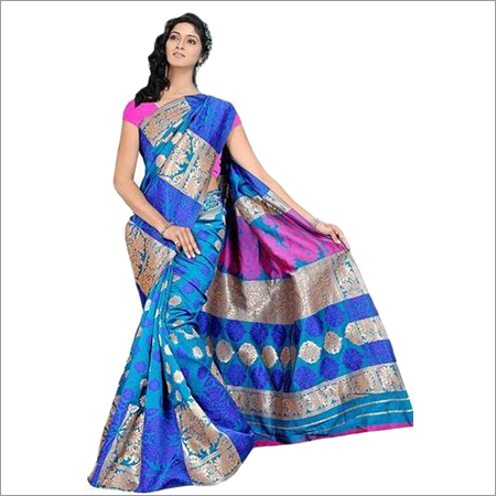 Silk Fabric Sarees - Art Silk 5.5m x 1.2m Blue, Jari Border | Banarasi Work, Double Shade, Unstitched Blouse, Traditional Look