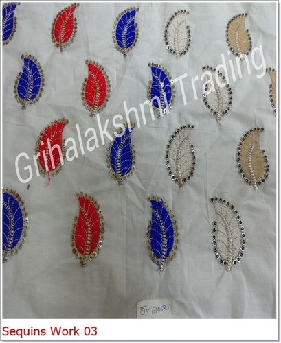 Sequins Work - Fabric with Leaf Pattern, Off-white Color | Durable Material, Elegant Design, Intricate Work, Versatile Use