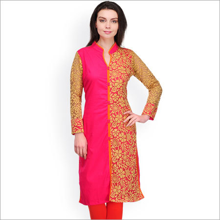 Digital Printed Kurti - Cotton Blend, 45 Inches Length, Pink Color | Beautiful Patterns, Comfortable, Durable, Soft Fabric, Long Sleeves, Various Sizes