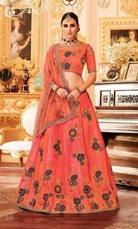 Row Silk Embroidered Lehenga Choli - Customized Up To 42" | Multi-color, Short Sleeves, Elegant Party & Wedding Ethnic Wear With Stone Work