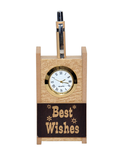 Wood Pen Stand With Desktop Watch