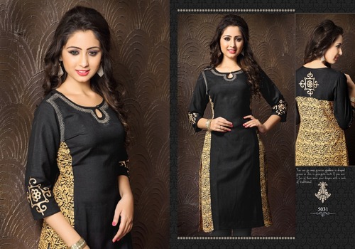 Kurti - Cotton Silk, 44 Inches, Black | Embroidered Neck & Sleeves, Elegant Design, Comfortable Fit