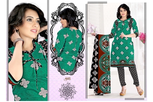 Ranjana Cotton Dress Material - Cotton, Short Sleeves, Green, Printed | Elegant Design, Colorfastness, Perfect Finish, Machine Washable