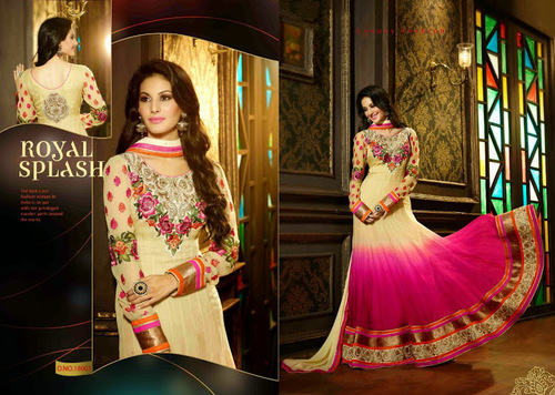 EXclUsive BeSt EvEr SaLwAr SuitS ReADy IN StOCk CaTcH iT - Cream & Hot Pink Georgette Suit, Up to Size 50, Patch Border, Resham & Hand Embroidery, Pure Chiffon Dupatta, Elegant Design