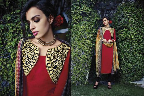 Cotton Jacquard Resham Work Unstitch Salwar Kameez - Red and Black, Embroidered Jacket with Fancy Dupatta | Elegant Style, Versatile Wear