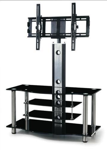 Lcd Stand - Glass & Metal, 40x15x25 Inches, Black | Height Adjustable, Multiple Shelves, Cable Management