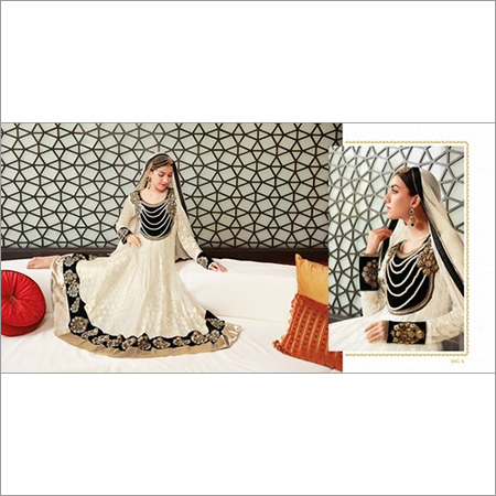 Asmira Suits Ready in Stock - Brasso Fabric, Size Up to 42, Off White, Embroidered Anarkali with Printed Patch Border, Chiffon Dupatta