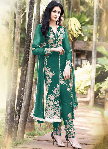 Indian Ladies Suits - Faux Georgette Green, Resham Embroidery | Floral Patch, Alluring Style, Comfortable Fit