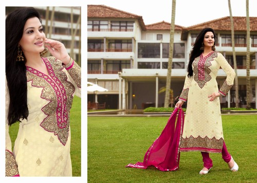 Creame Embroidered Brasso Suit - Brasso, Santoon, Chiffon Fabric, Cream Top Pink Bottom | Fancy Work Patch Neck, Sleeves, Border, Lace Chiffon Dupatta