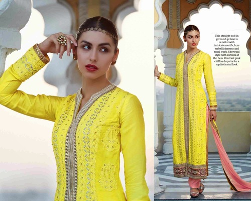 Shervani Style Straight Yellow Suit - Georgette Santoon, Semi Stitched, Yellow with Pink Bottom | Embroidered Top, Jari Work, Full Sleeves, Fancy Lace Dupatta with Diamond Work