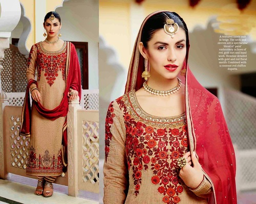 Shervani Style Straight Beige Suit - Georgette Santoon, Semi Stitched, Beige with Embroidered Top, Jari Work Bottom, Fancy Work Neck, Full Sleeves, Chiffon Red Dupatta with Diamond Work | Elegant Design, Intricate Embroidery, Stylish Silhouette, Comfortable Wear