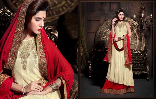 Smooth Summer Palazzo Suit - Net Fabric, Cream and Red Color, Zari and Lace Work | Elegant Design, Stylish Look, Semi-Stitched