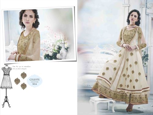 Creamy White Embroidered Marvelous Suit - Georgette Net Anarkali, Semi Stitched, Gold Embroidery, Lace Border