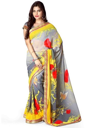 Jasmin Design Gray Saree - Georgette Fabric, 5.5 Meters, Gray and Yellow | Floral Print, Blouse Piece Included, Elegant Design
