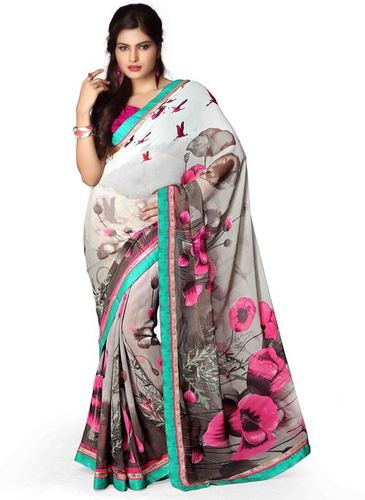 Fanny Flower Print White Saree - Georgette, 5.5m Length, White with Pink Floral Print | Lace Border, Pink Blouse, Elegant Design