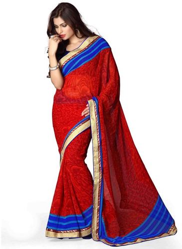 Flat Print Red Georgette Saree - 5.5m Length, 1.1m Width, Navy Blouse | Flat Floral Print, Lace Border, Soft Georgette