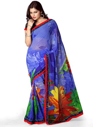 Mastro Flower Print Blue Georgette Saree - Georgette, Blue, Lace Border, Blouse Included | Elegant Floral Print, Soft Fabric, Stylish Design
