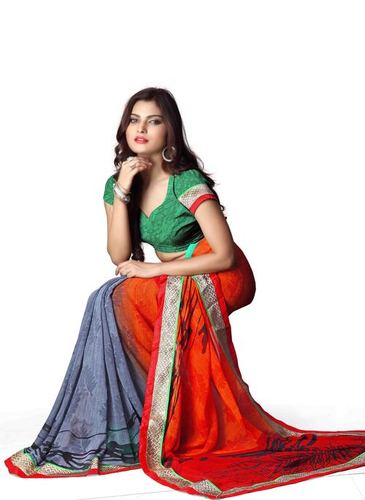 Mini Color Print Georgette Saree - 5.5 Meters, Multicolor, Sea Green Floral Print, Lace Border, Blouse Piece Included | Lightweight, Elegant, Comfortable Drape