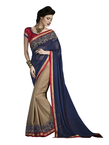 Navy Embroidered Georgette Wedding Wear Saree