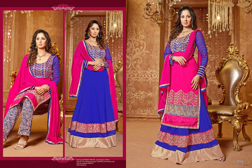 THE COLORFUL SANGEETA GOSH IN READY STOCK - Georgette Blue & Pink Anarkali Suit, Size 34-46 | Resham, Diamond, Hand Embroidery, Patch Border, Chiffon Dupatta