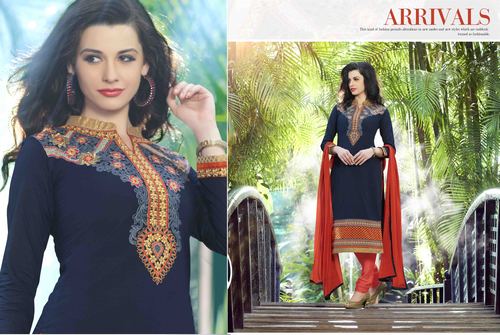 Navy Embroidered Ethnic Cotton Suit - Cotton, Navy & Orange, Semi-Stitched, Elegant Ethnic Style