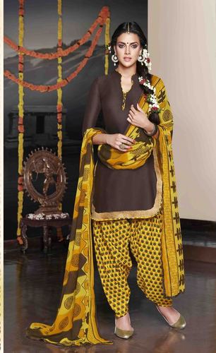 Brown Low Range Patiyala Suit By Karishma Kappor - Cotton Satin Top 25 Inch, Yellow Printed Salwar 40 Inch, Brown & Yellow | Stylish Patiyala, Chiffon Dupatta 2.5 Yards, Comfortable Fabric, Printed Design