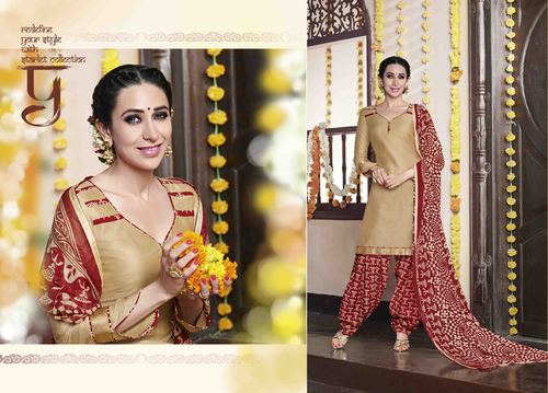Beige Low Range Patiyala Suit By Karishma Kappor - Cotton Satin, Beige & Red, Chiffon Dupatta | Elegant, Soft, Comfortable, Stylish Party Wear