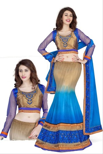 Stunning Brown & Deep Blue Faux Georgette Lehnga Choli
