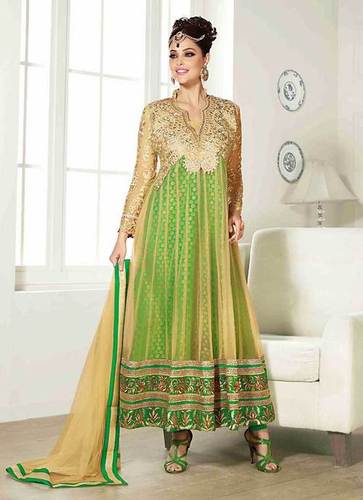 Anarkali Suits - Jacquard|Net, Beige & Green | Lace, Resham & Stones Work, Floor-Length, Custom Fit
