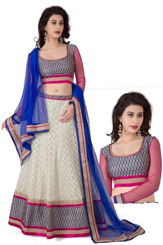 Sign Of Attractiveness Off White & Blue Lehenga Choli - Jacquard Silk, Full Sleeves, Unstitched, Lace & Resham Work, Net Dupatta, Festive Wedding Wear, Trendy Look