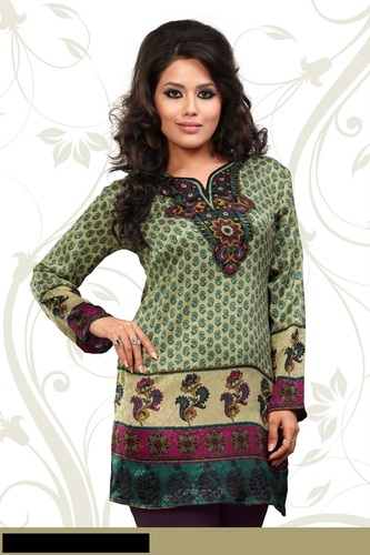 Casual Wear Kurti - French Jacquard Fabric, Sizes 38-42, Green | Printed Work, Long Sleeves, Knee-Length, Comfortable Fit