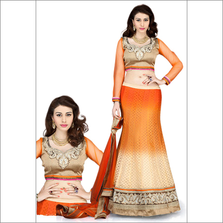 Buttercream & Orange Faux Georgette Lehnga Choli