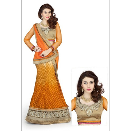 le Gold Color & Orange Faux Georgette Lehnga Choli
