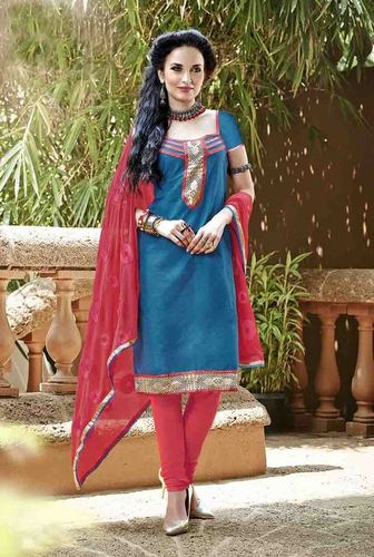 Salmony Traditional Cotton Dress - Cotton Blue Top, Salmon Cotton Salwar, Chiffon Lace Dupatta, Straight Style, Elegant Traditional Design