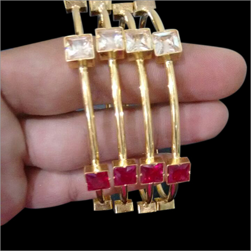 Gold Bangles - Gold-Plated Alloy, 55-65 mm Diameter, Polished Finish | Elegant Design, Luxury Appeal, Red & White Cubic Zirconia Stones