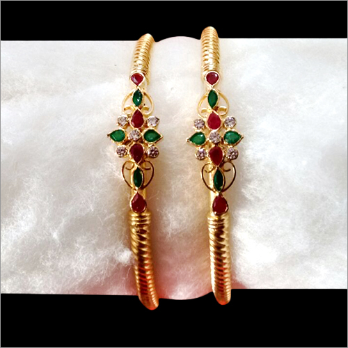 Gold Designer Bangles - 22K Gold, 55-60mm Diameter | Elegant Design, Ruby and Emerald Gemstone Accents, High Polish Finish