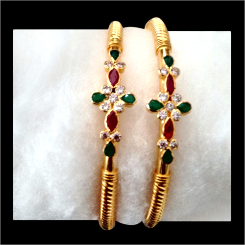 Gold Bangles - 22K Gold, 2.25 Inch Diameter | Polished Finish, Ruby & Emerald Accents, Elegant Design