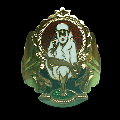 Gold Designer Ring - Gold Alloy 15x20 mm, Polished Finish, Enamel Setting, Religious Motif, Fine Craftsmanship