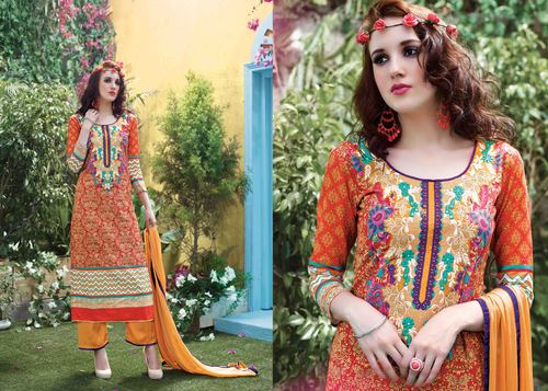 Red Rivaa Printed & Embroidered Salwar Kameez - Cotton Fabric, Red Top with Yellow Salwar and Chiffon Lace Dupatta, Elegant Design, Comfortable Fit
