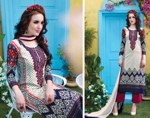Rivaa Multi Printed&Embroidered Salwar Kameez - Cotton, 48 Inch Top, Cream with Magenta Salwar, Chiffon Lace Dupatta | Resham Embroidery, Printed Design, Comfortable Fit