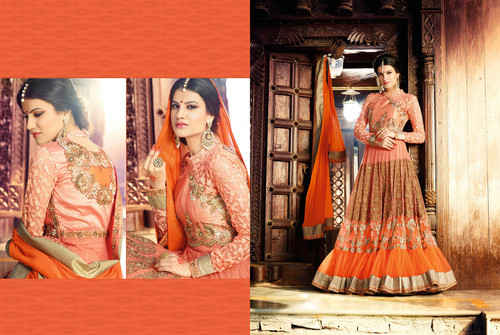 Orange and Peach Puff Net Embroidered Long Anarkali
