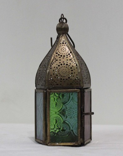 Moroccan Lantern - Iron & Glass, Brass Antique Finish, Green | Elegant Design, Intricate Details, Ambient Lighting