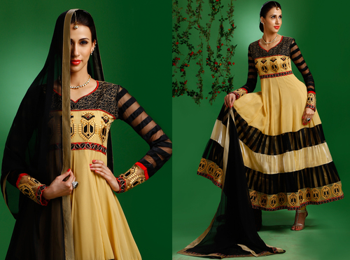 Vivacious Beige Color Designer Party Wear Anarkali Suit