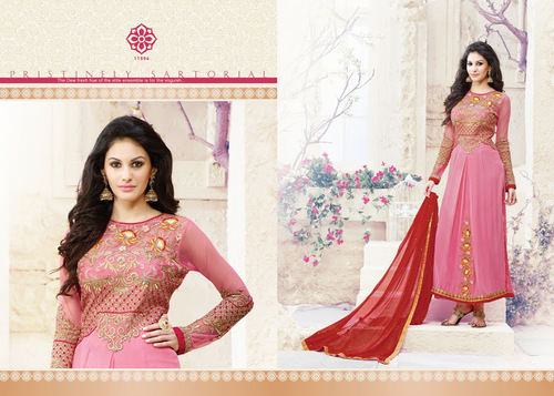 ZUBEDA ANAYRAA DESIGNER SUITS FOR ALL - Pink Georgette Suit with Pure Chiffon Dupatta, Resham & Hand Embroidery, Patch Border, Custom Sizes Up to 50 Chest, Party Wear