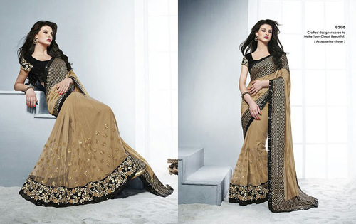 NORITA SERIES DESIGNER SAREE FOR ALL - Georgette Net Brown, 6.3m With Customizable Blouse | Resham Embroidery Diamond Zari Patch Border