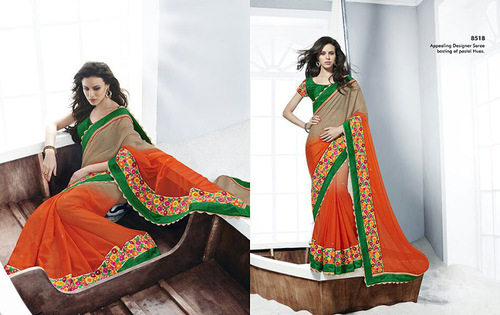 NORITA SERIES DESIGNER SAREE FOR ALL - Orange Chiffon 6.3m, Blouse 34-46 Inches | Resham Embroidery Lace Work, Customizable Blouse