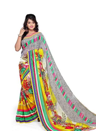 Gemini Seagreeny Color Georgette Low Range Saree - Georgette Fabric, 5.5 Meters, Yellow With Sea Green Blouse Piece, Digital Print, Stylish Regular Wear