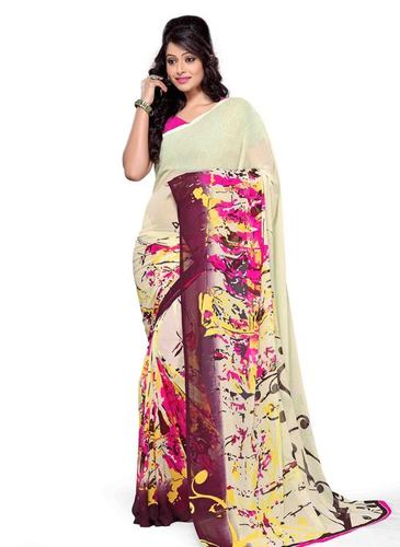 Trandy Print Creamy Pink Regular Wear Saree - Georgette, 5.5 Meters, Cream Color, Fancy Pink Blouse | Digital Print, Soft Fabric, Stylish Design