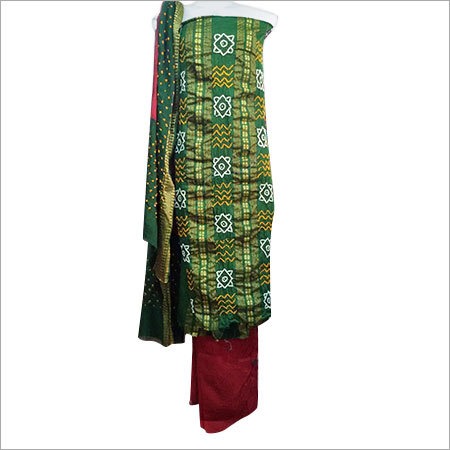 Green And Red Bandhani Silk Dress Material