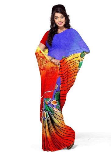 Lotus With Dotted Printed Regular Wear Saree - Georgette, 5.5m Length, Blue with Red Blouse Piece, Digital Print, Elegant Soft Fabric